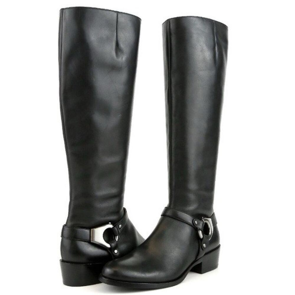 Via Spiga Black Leather Harness Tall Riding Equestrian Boots Silver Size 7.5